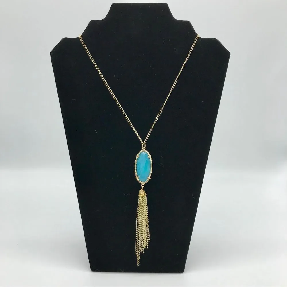Blue Stone Gold Tone Chain Tassel Long Necklace Boho